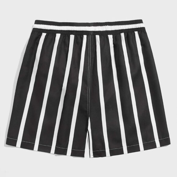 Black Vacation Style Striped Men's Swim Trunks - Picture 2 of 6